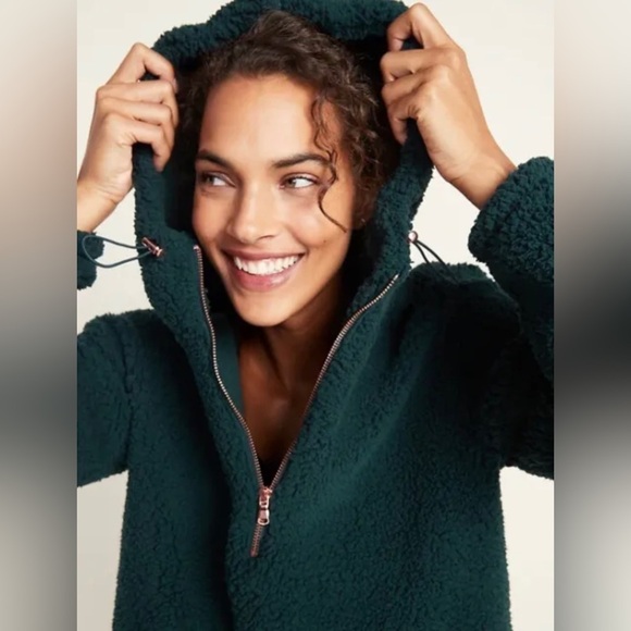 Old Navy Plush Sherpa 1/2-Zip Hoodie Sweater Pullover Dark Ivy Hunter Green XXL - Picture 1 of 5
